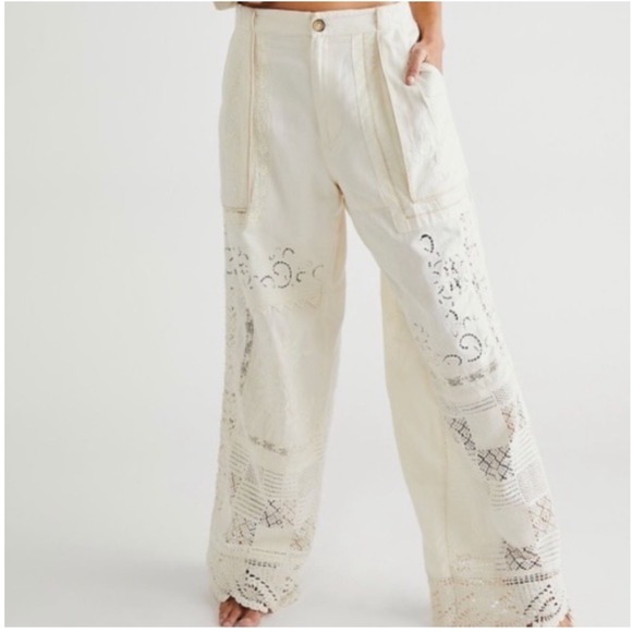 Free People Pants - Free People Crochet Lace Pants Wide Leg Ivory Boho Size‎ 12, NWT